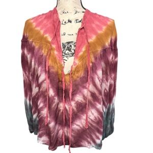 YFB Sheer Tie Dye Bold Billowy Fabric Poet Style Tie Front Blouse Women’s Size S